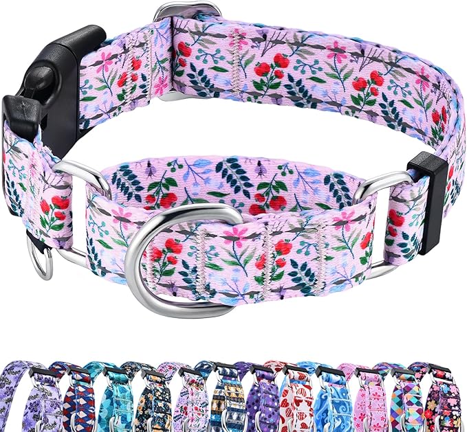 Reflective Martingale Collar with Quick Release Buckle Anti Pulling Girl Female Dog Collars (Pink Flowers Plants, Medium)