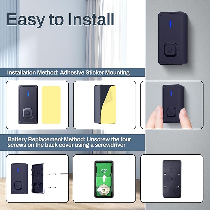 BN-LINK Wireless Doorbell with 2 Receivers, IP55 Waterproof 1000 Feet with 58 Chimes & LED Flash Adjustable Volume Wireless Door Bell, Perfect for Homes, Teachers Classroom Office (Black)
