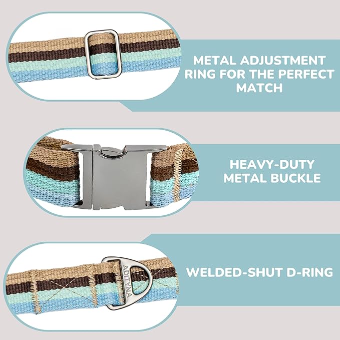 ADITYNA Cotton Dog Collar with AirTag Holder - Heavy-Duty Metal Buckle, Breathable, Easy Adjustable for Large & Extra-Large Breeds - for Walking, Training (Ocean Breeze, Fits 19-30" Necks)