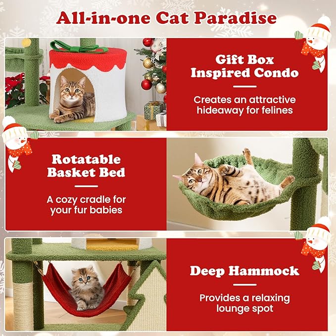 Tangkula Christmas Cat Tree, 52” Tall Cat Tower with Sisal Scratching Posts & Xmas Tree, Plush Perch, Gift Box Shaped Condo, Hanging Toys, Basket Bed, Hammock, Cute Cat Tree Tower Holiday Decoration