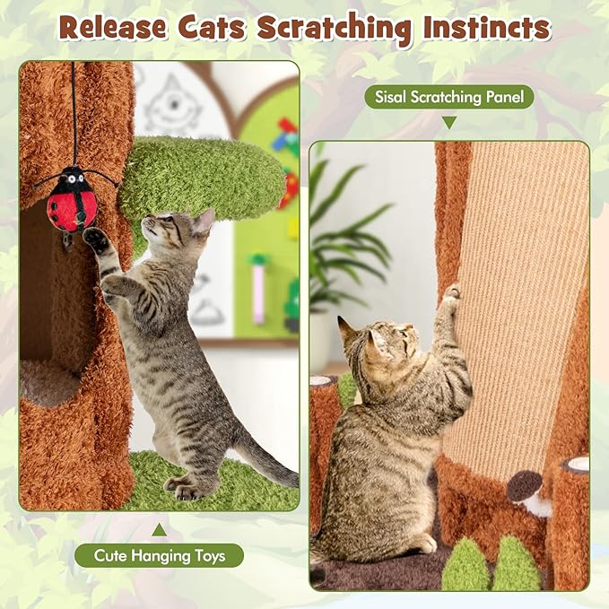 PETSITE 90.5 Inch Tall Cat Tree, Tree-Like Modern Cat Tower with Sisal Scratching Pad, Five Cat Condos, Cute Hanging and Spring Toys, Large Cat Tree Tower for Indoor Cats (Brown)