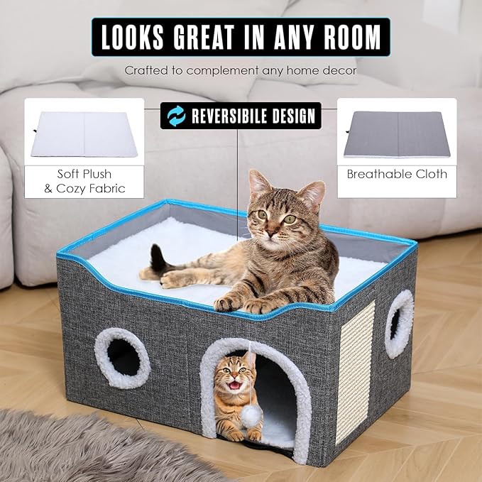 Houseables Cat House, Cat Cave Bed, Kitty House, Hideaway Pet Bed, Cathouse, Catbed, Kitten Hideout, Covered Pet Cave, Indoor Kitty Home, Hiding Spot, Enclosed Cubby Box, Fort Cube, w/Scratcher, Large