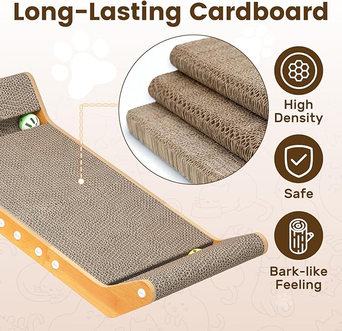 Large Cat Scratching Cardboard Pad, 24" Indoor Horizontal Corrugated Scratcher Bed with Interactive Ball Track, 2-in-1 Reversible Activity Board Lounger for Kitten Claws, Strong High Density