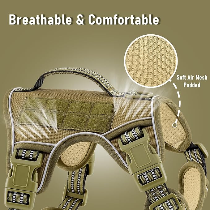 Non Pulling Tactical Dog Harness for Medium Dogs, Adjustable Reflective Harness Vest with Handle, for Working Training Hiking Walking, Escape Proof Army Green Pet Vest for M Sized Dog