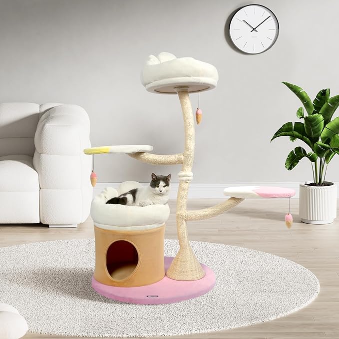 KAMABOKO 52.4" Flower Cat Tree, Cute Cat Tree House for Indoor Cats, Cloud Cats Tree Tower with Cat Condo, Sisal Scratching Posts, Hanging Toys for Playing