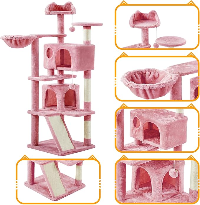 Yaheetech Cat Tree, 57 inches Cat Tower with Double Condo, Scratching Board and Basket, Cat Furniture for Indoor Cats Kitten- Pink
