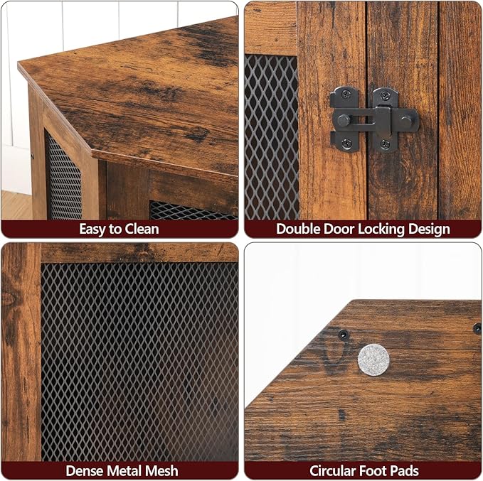 Corner Dog Crate Furniture, Wooden Dog Kennel End Table, Decorative Pet Crate Indoor Use, Furniture Style Dog House for Small Medium Dog, Dog Cage TV Stand, Rustic Brown DCRB0801