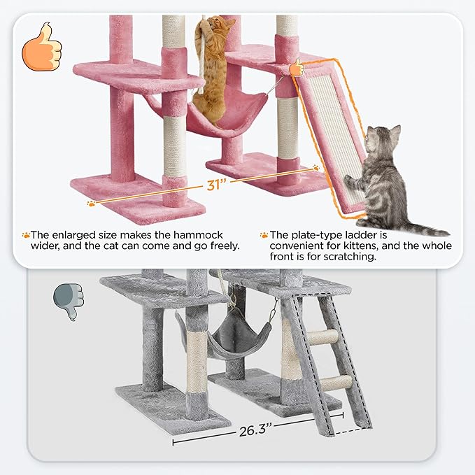 Topeakmart 63in Cat Tree, Large Cat Tower Furniture w/Cat Condo, Padded Platform & Sisal-Covered Scratching Post, Stable Cat Tower Pet Play House, Pink