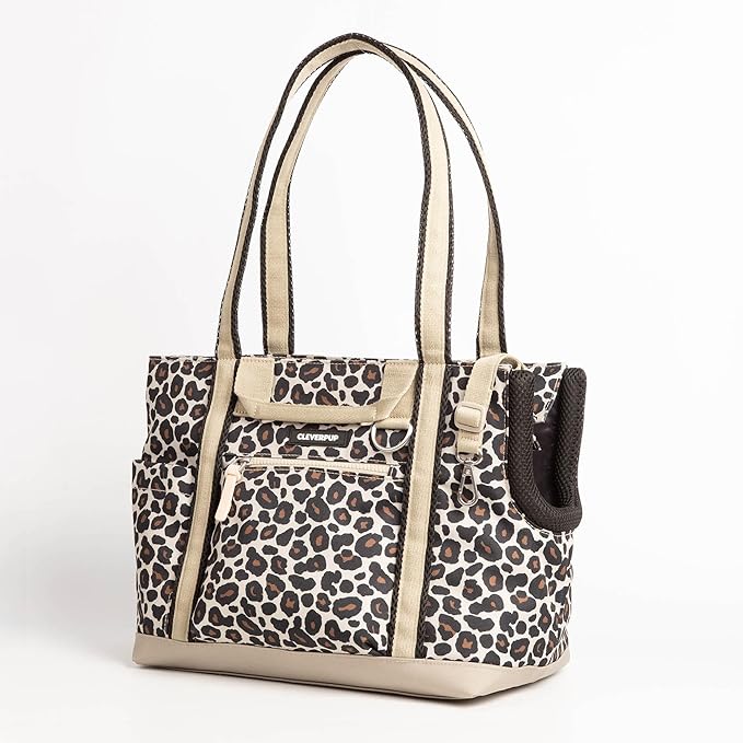 Cleverpup Transit Tote Dog Carrier for Small Dogs up to 8 lbs, 16x11x8 Soft-Sided 4-Pc Set with Waterproof Base, Plush Insert, Food Pouch, Mesh Head Opening - Small, Leopard