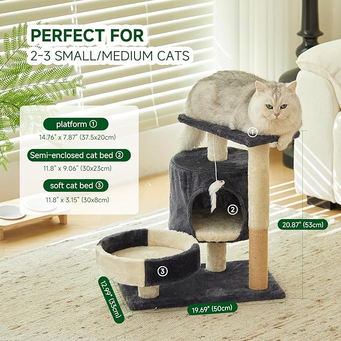 Cat Tree Tower with Scratching Posts, Condo, Perch, Hanging Toy, Multi-Level, Beige and Dark Gray