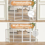 Full Metal Freestanding Dog Gate with Door, 32''Height Foldable Pet Dog Fence for Indoor & Outdoor, 4 Panels Extra Wide Free Standing TallDog Gates for Doorways,House,Stairs,Porch,Deck,Yard