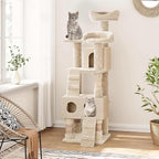 63 Inches Multi-Level Cat Tree Tower with Condo, Plush Perches, Scratching Posts, Hammocks, and Play House, Beige