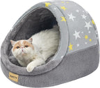 Jiupety Cute Cat Beds for Indoor Cats, Cat Cave Bed for Kittens, Large Cat Cave and Covered Cat Bed with Anti-Slip Bottom, Washable Removable Cushion, M(16"x16"x13"), Gray Star