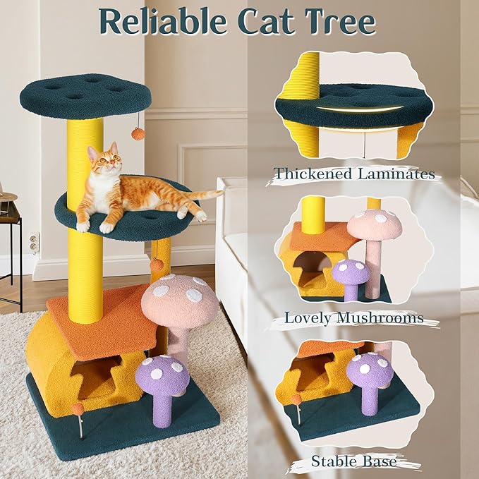 NUNU LAB Mushroom Cat Tree, Multi-Level Cat Tower, Mushroom Cat Scratching Post, Cute Cat Tower, with Cat Scratching Post, Cat Bed & Interactive Balls, for Indoor Cats (D-068, 26.8 * 22.8 * 53.4)