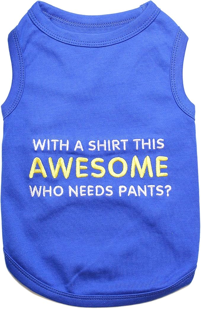 Parisian Pet Dog T-Shirt - Embroidered “ Awesome “ Shirt - Pure Cotton and Lightweight Dog Clothes - Blue Sleeveless Pet Tee Shirts - Cute Puppy Clothes - Shirts for Small Dogs Boy - S