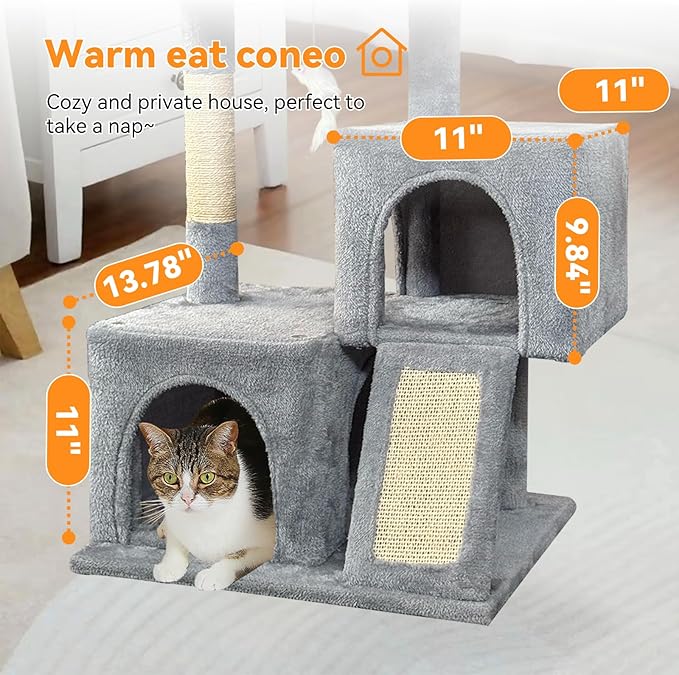 Cat Tree, 29.5 Inches Cat Tower with Dual Condos for Indoor Cats, Plush Cat House with Padded Perch, Scratching Ramp and Posts -Gray
