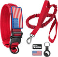 Tactical Dog Collar and Bungee Leash,Military Dog Collar & Leash Set with USA American Flag Adjustable K9 Collar with Heavy Duty Metal Buckle & Handle,with Patches and Airtags Case (M, Red)