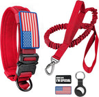 Tactical Dog Collar and Bungee Leash,Military Dog Collar & Leash Set with USA American Flag Adjustable K9 Collar with Heavy Duty Metal Buckle & Handle,with Patches and Airtags Case (XL, Red)