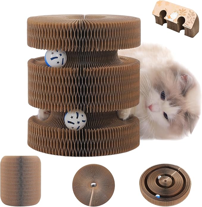 Twisty Magic Organ Cardboard Kitty Cat Scratcher, Extra-Large Accordion Foldable Magnetic Scratching Pad with Upgraded Magnets and Balls, Interactive Toy for Indoor Cats