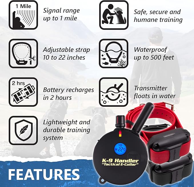 Educator K9-802 Two Dogs K9 Handler Professional E-Collar Training Collar with Remote - Up to 1 Mile Range, Waterproof, Rechargeable, 100 Stimulation Levels, Vibration, Tone, 33-Inch Bungee Collar