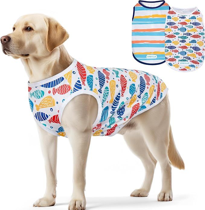 cyeollo 2pack Dog Cooling Shirt, Breathable Sleeveless Summer Clothes for Dogs, Intant Cool T Shirts for Medium Large Dogs, Blue Fish 2XL