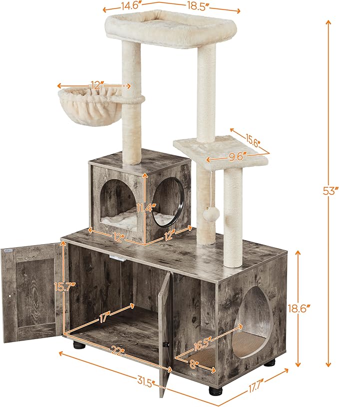 Yaheetech Cat Tree, 53in Cat Tower with Wood Litter Box Enclosure, 2-in-1 Cat Tree with Condo, Scratching Posts, Perch for Indoor Large Cats, Cat Activity Center, Greige/Beige