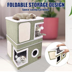 2-Story Cat House for Indoor Cats, Dual-Purpose Cave Bed with Scratch Pad and Fluffy Ball, Foldable Cat Hideaway, Cute Condo Furniture for Multi Small Pet Kitten, Green