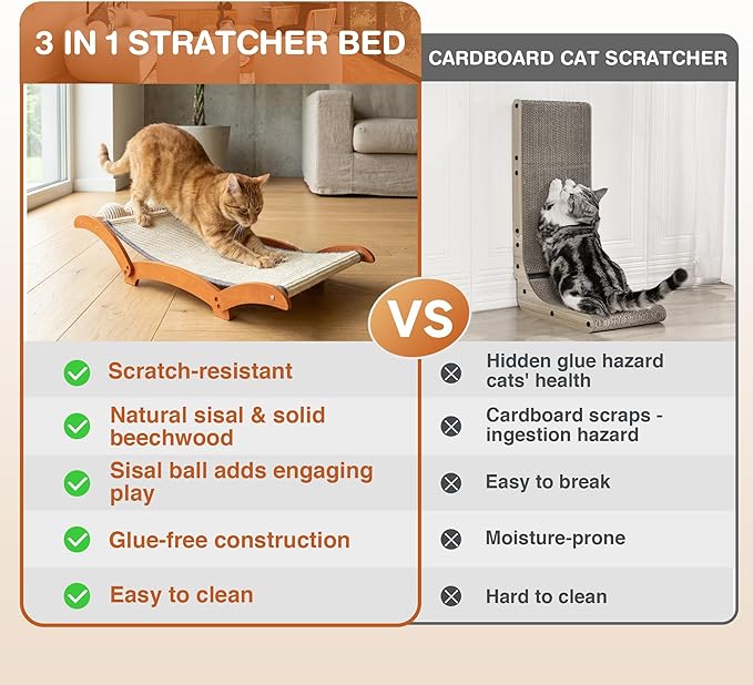 3-in-1 Extra-Large Cat Scratcher Bed with 3 Interactive Sisal Balls, Solid Wood Scratching Post Lounge with Toy, Sturdy Hammock for Large Cats to Sleep, Scratch & Play