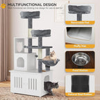 YITAHOME Cat Tree with Litter Box Enclosure, 2-in-1 Cat Furniture, Modern Cat Condo, Indoor Cat Tower with Wood House, Perch, Food Station, Hammocks, Scratch Post, Hair Brush, 59 Inch, White