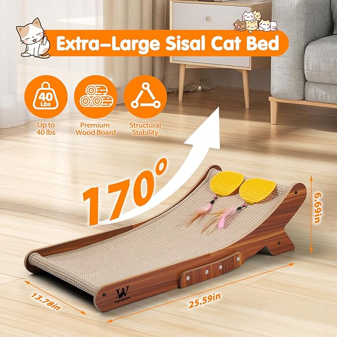 Sisal Cat Scratcher Bed, Natural Solid Wood Scratch Lounger, No Mess Scratching Chair Couch for Indoor Cats, 26 Inch Cat Scartching Pad, 3 in 1 Scratching Board, Furniture Protector