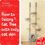 Cat Tree, Floor to Ceiling Cat Tower Adjustable Height [92.9-102.4in=235-258cm], 7 Tiers Cat Climbing Play House with Fully Sisal Scratching Post,Cozy Condo&Hammocks for Indoor Cats,Light Grey
