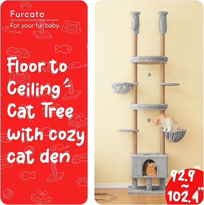 Cat Tree, Floor to Ceiling Cat Tower Adjustable Height [92.9-102.4in=235-258cm], 7 Tiers Cat Climbing Play House with Fully Sisal Scratching Post,Cozy Condo&Hammocks for Indoor Cats,Light Grey