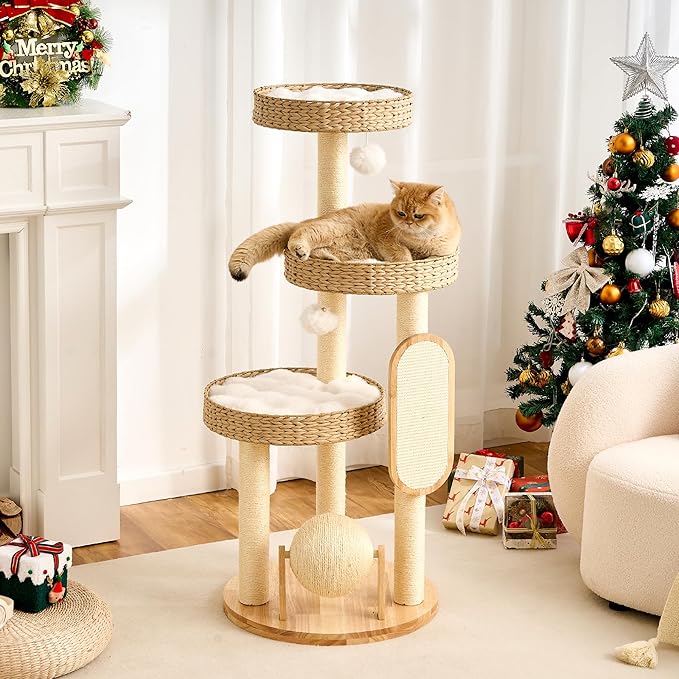 HITTITE Modern Cat Tree Tower with Scratching Post, 47 Inches Tall Cat Towers with Scratching Ball & Pad, Multi-Level Cat Tree with Rattan Bed and Removable Cushions for Indoor Cats Large Adult.