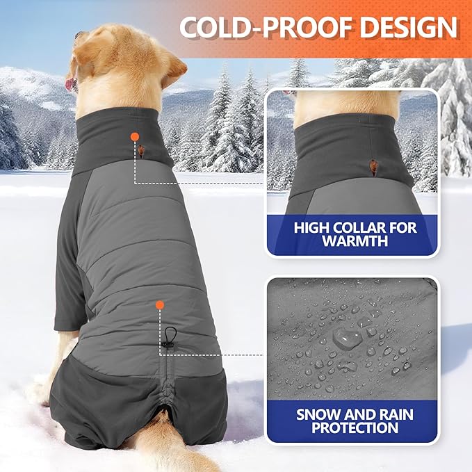 Dog Coats for Large Dogs Winter Waterproof, Fullbody Clothes Jumpsuit, Cold Weather Coats Pajamas, Four-Legged Snowsuit with Leash Hole, Large Dog Fleece Vest, L Grey