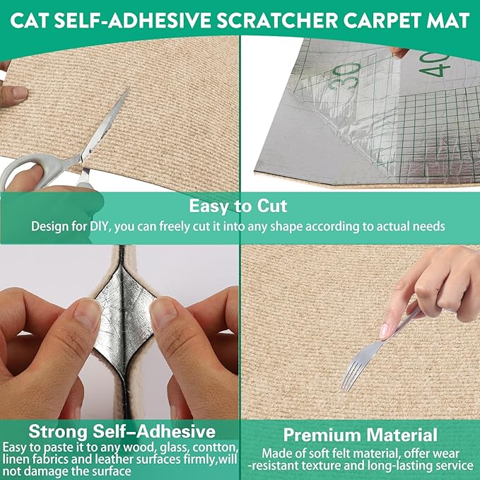 Trimmable Cat Scratcher Mat, 39.4"x15.8" Self-Adhesive Cat Scratching Carpet Pad Replacement for Tree Shelves, Steps and Posts, DIY Cat Scratch Couch Furniture Protector