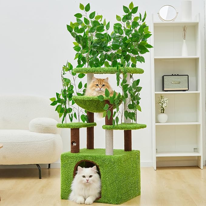 60 inch Cat Tree with Leaves for Climbing, Hiding and Sleeping Cat Tower with Hammock, Scratching Post and Large Cat House