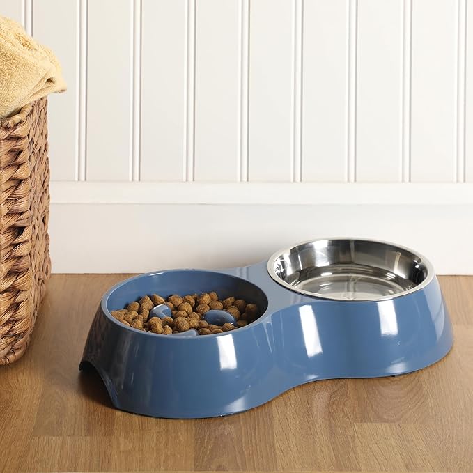 Gibson Home Curious Canines Slow Feeder Dog Bowl Set, Double Bowl with Stainless Steel Insert, Melamine Base, Anti-Gulp Feeding, Food & Water Station, Dishwasher Safe, Blue