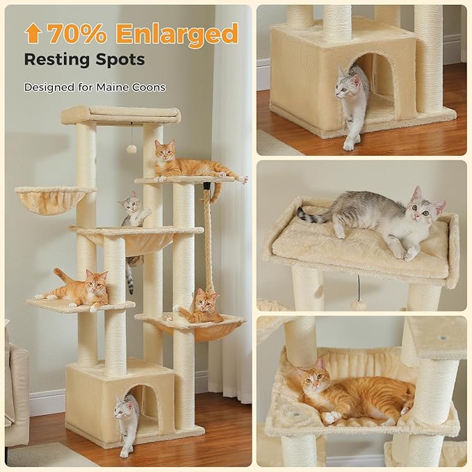 67" Heavy Duty Cat Tree for Indoor Cats Large Adult, XXL Cat Tower with 13 Thick Scratching Posts (φ4.3), Large Perch, Spacious Condo & Big Hammock - for Maine Coon up to 20 lbs, Beige