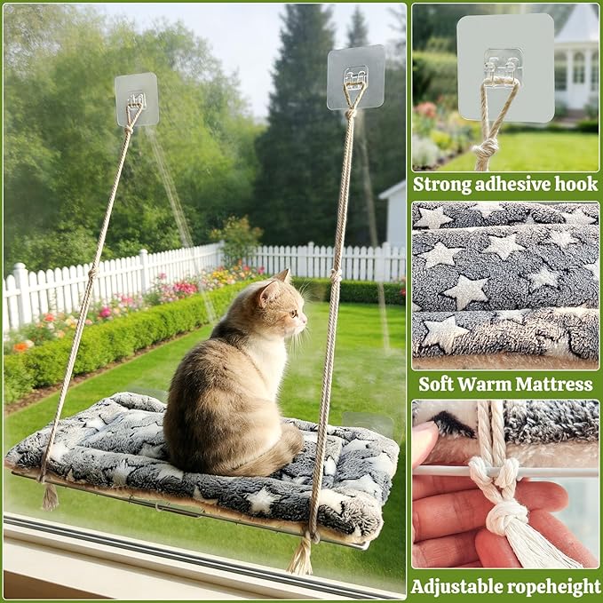 Cat Window Perch with Adhesive Hooks Foldable Cat Window Hammock for Cats up to 30 lbs, Sturdy Metal Frame, Easy to Adjust Assemble, Soft Removable Cushion Included, Cats Bed for Indoor Watching Bird