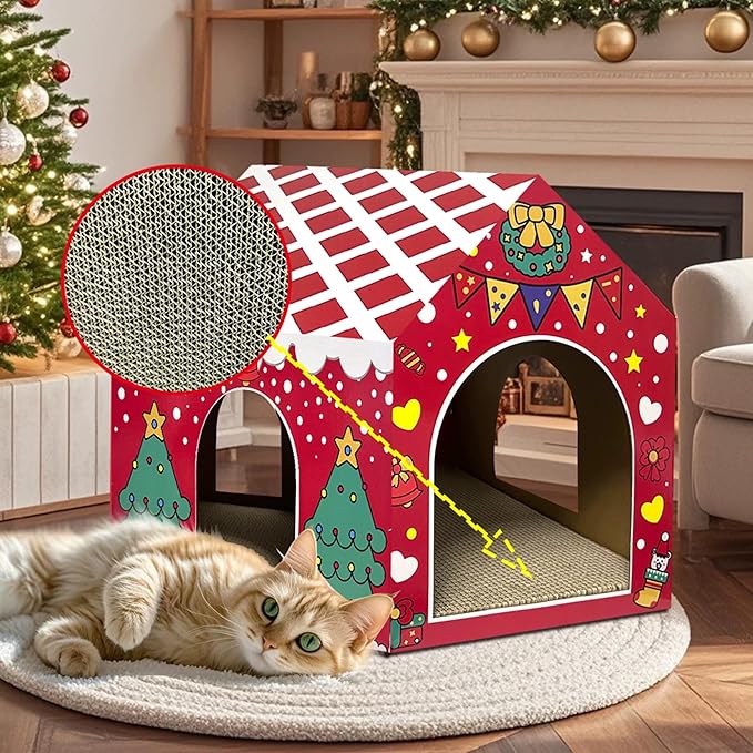 LUCKITTY Cat Scratcher with House Christmas Cardboard House Playground for Indoor Cats, Xmas Scratching Pad Holiday Hideout Decoration