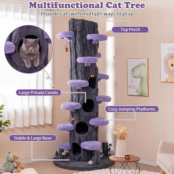 PETSITE 90.5-inch Tall Cat Tree, Tree-Like Modern Cat Tower with Sisal Scratching Pad, Five Cat Condos, Cute Hanging and Spring Toys, Large Cat Tree Tower for Indoor Cats (Purple)