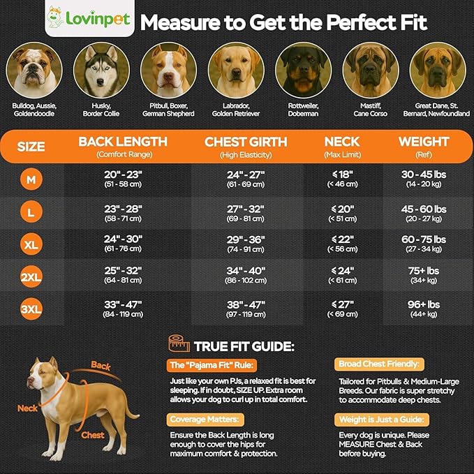 LovinPet Large Dog Pajamas, Anti Licking, Recovery Suit, Lightweight Jurassic Knit, UV for Large Dogs/L