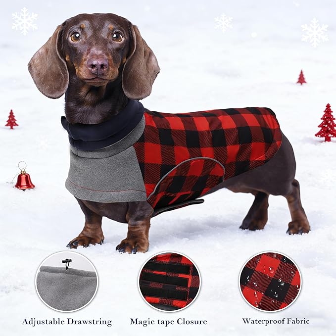 Dog Winter Coat,Dachshund Clothes,Waterproof Miniature Dachshund Jacket,Small Dogs Coat with Harness Hole,Dachshund Jumper with Turtle Neck,Pet Dog Clothes British Style-Red Plaid-L