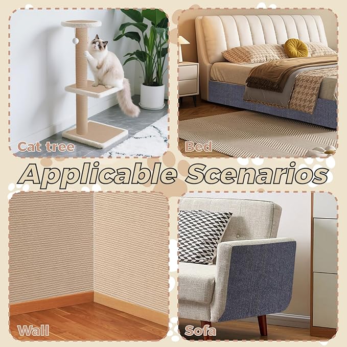 huraty 2 Pcs Cat Scratching Mat, Trimmable Cat Scratchers Furniture Protector Scratching Pad Cover Replacement for Cat Climbing Post Tree Sofa Couch Wall, Beige 78.7"x15.8"