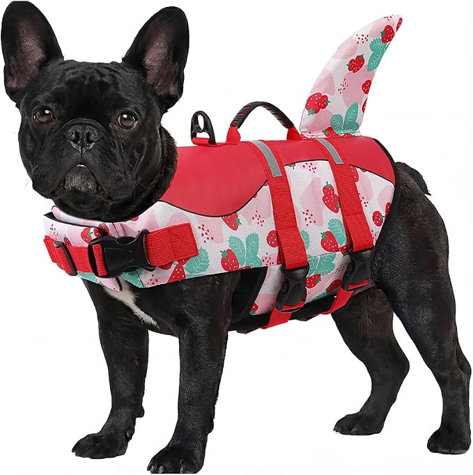 ASENKU Dog Life Jacket - Pet Safety Vest for Swimming & Boating, Shark Life Jacket with Floatation, Dog Lifesavers Swimsuits for Small Medium Large Dogs (Strawberry, XS)