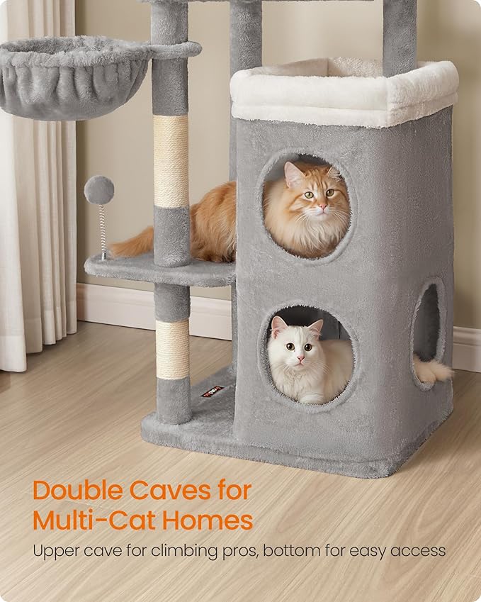 Feandrea Cat Tree, 60-Inch Cat Tower, Multiple-Level Plush Condo with 2 Caves, 3 Scratching Posts, 3 Perches, Dove Gray UPCT007G01