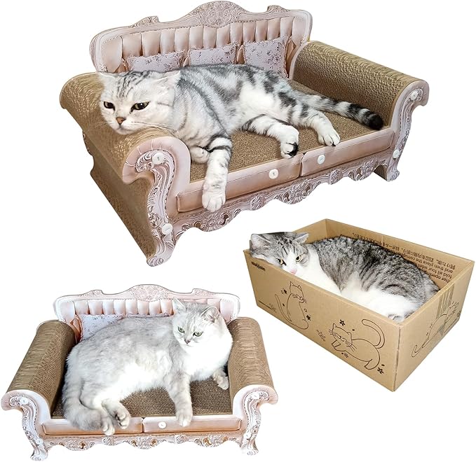 Cat Scratcher Bed, 23 Inch Kitty Couch and 17.3 Inch Scratch Box with Pad, Modern Large Kitten Lounger for Indoor Cats,Unique Cute Corrugated Cardboard Cat Sofa Scratcher,