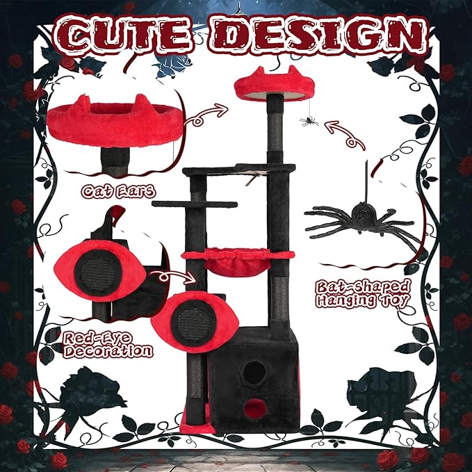Gothic Cat Tree with Coffin Bed, 53" Large Tall Cat Tower for Indoor Cats with Top Perch, Spacious Cat Condos, Spider Hanging Balls,Comfy Hammock, Scratching Post and Ladder, Black Halloween