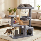 Multi-Level Cat Tree for Indoor Cats, Cat Tree Tower with Big Cat Hammock, Indoor Climbing Activity Tower with Scratching Posts, Grey