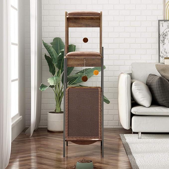 Modern Cat Tree 58-Inch Tower for Large Cats with Scratching Board, Extra Large Perch, Hammock & Removable Washable Pads, Multi-Level Cat Furniture for Bird Watching & Play, Walnut